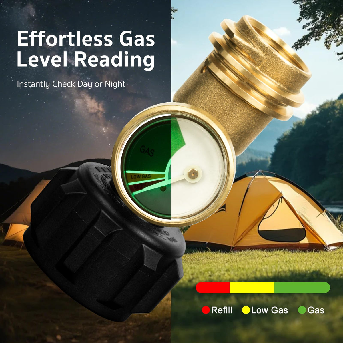 GASPRO propane tank gauge dial close-up reveals fuel level clearly.