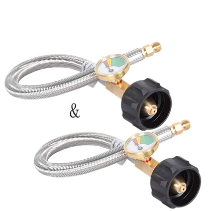 GasSaf 12-inch RV propane hose with gauge showing remaining fuel