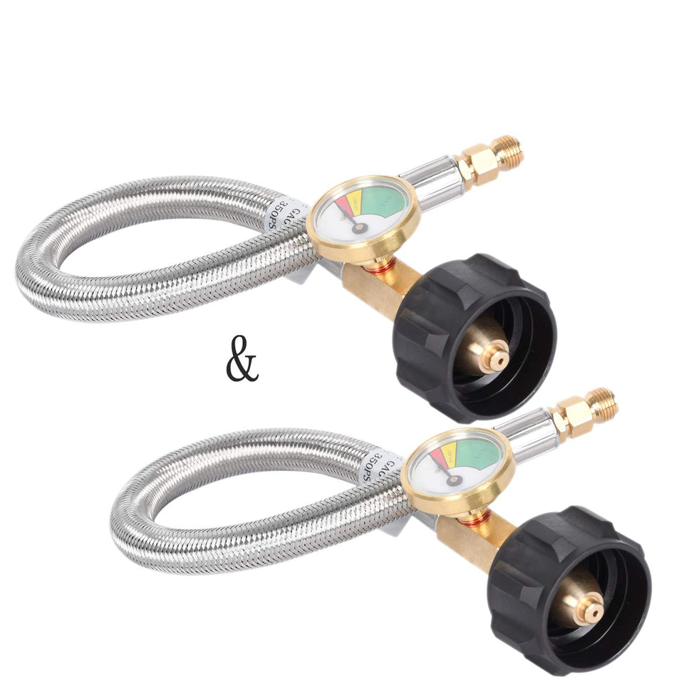 GasSaf 12-inch RV propane hose with gauge showing remaining fuel
