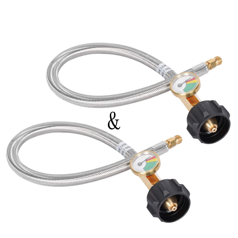 GasSaf 18 inch RV propane hose with gauge showing remaining fuel level