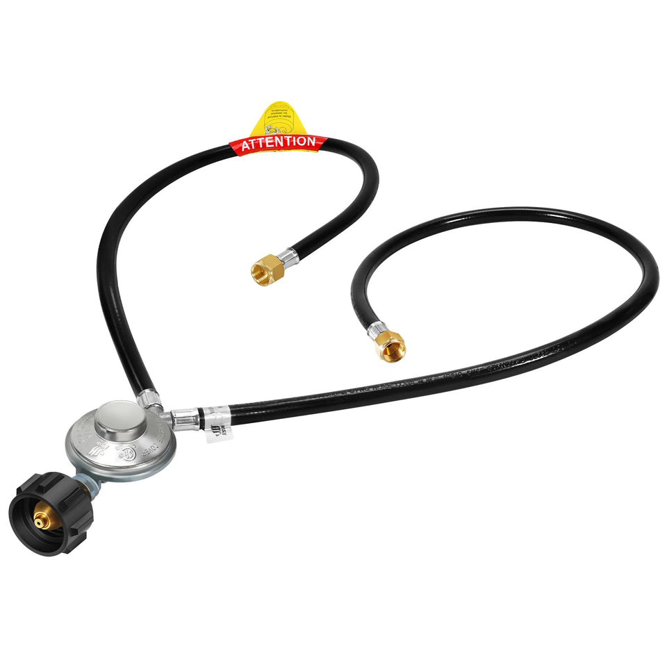 GasSaf 3ft Y-splitter regulator hose enabling dual-appliance use from one propane tank.