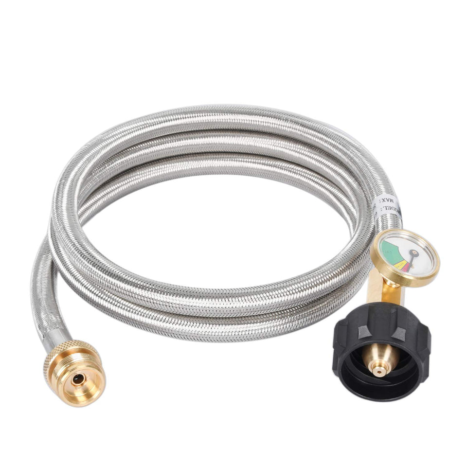 GasSaf 5FT propane hose with gauge showing fuel level at a glance for safe grilling.