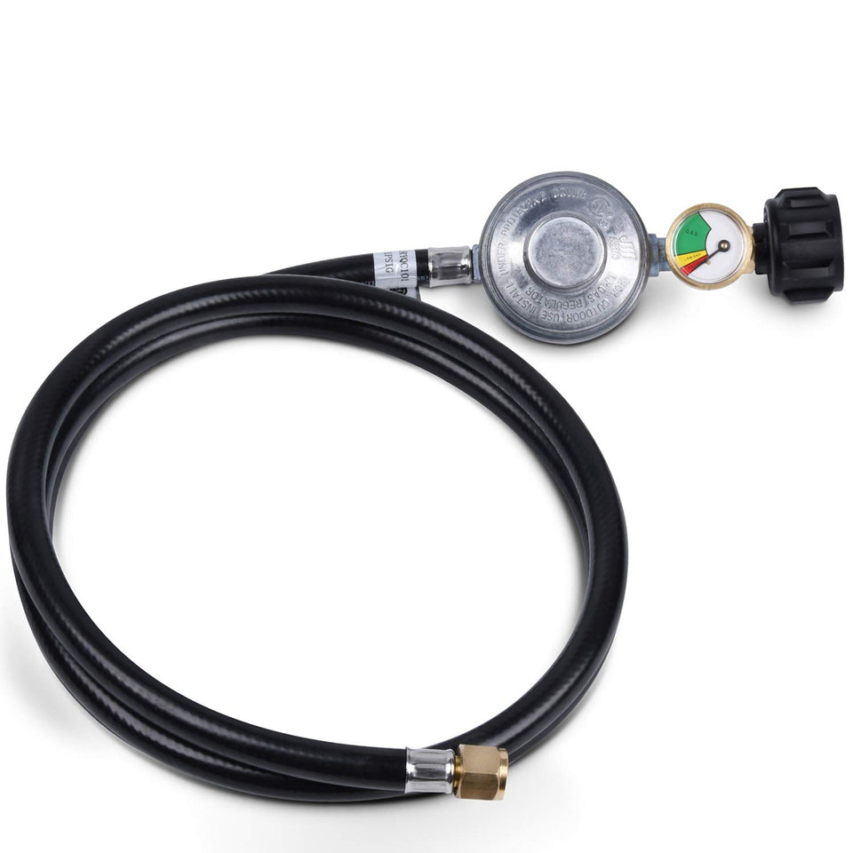 GasSaf 6ft propane regulator with hose for reliable outdoor grilling setups.