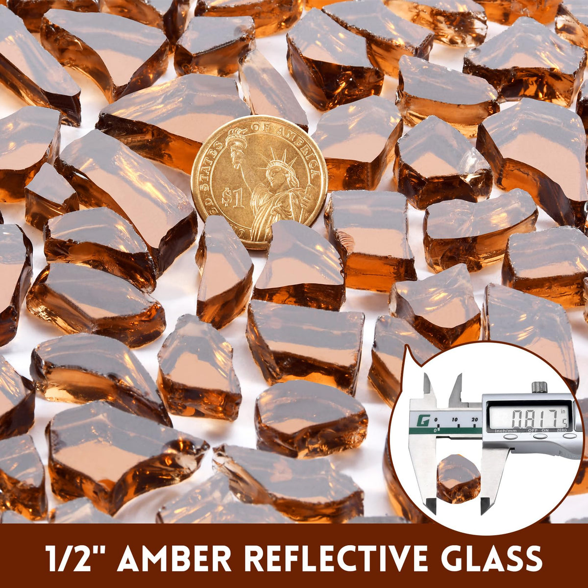 GasSaf amber reflective fire glass for indoor and outdoor fireplaces.