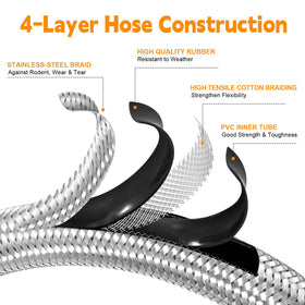 GasSaf stainless braided hose linking 1lb appliances to larger tanks during camping.