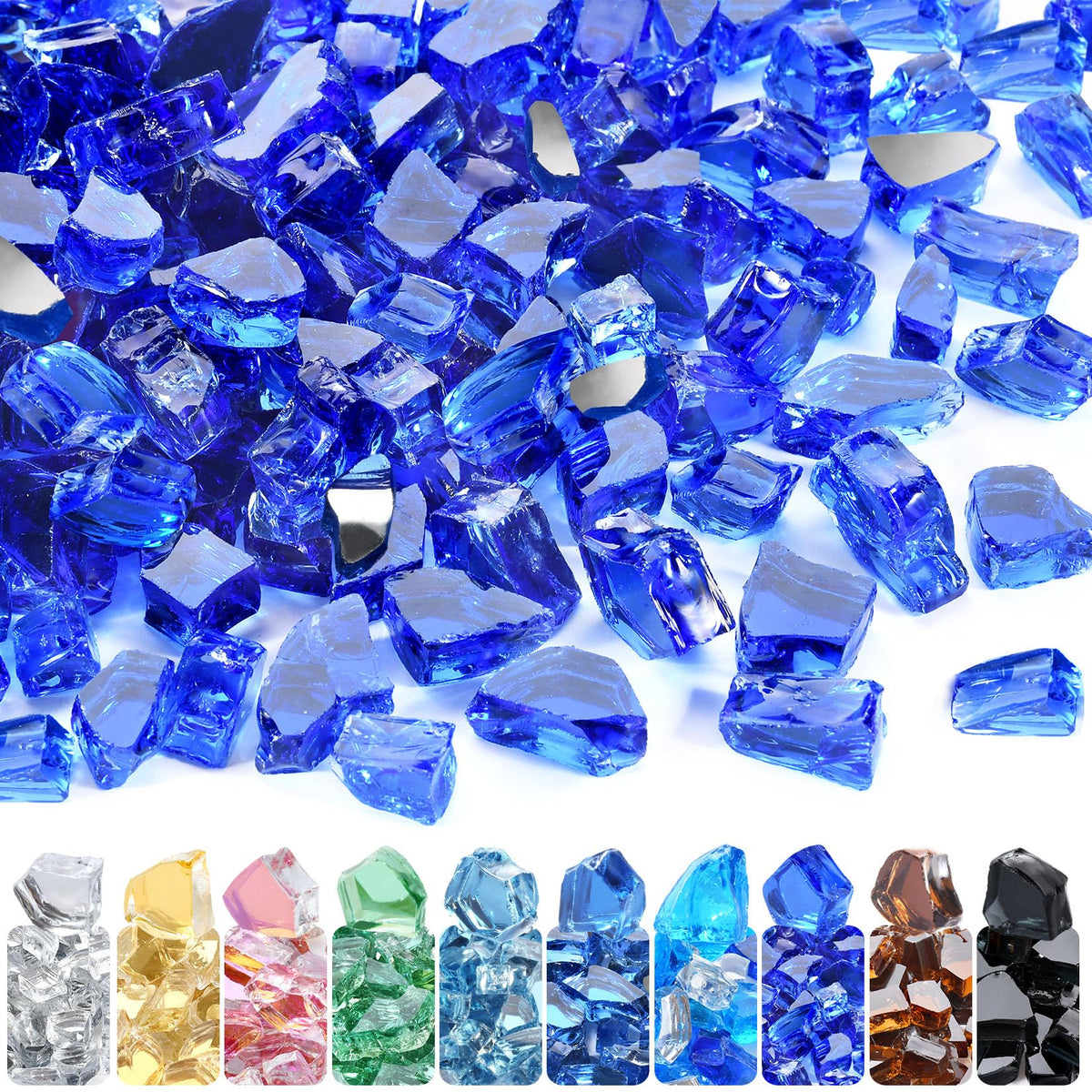 GasSaf cobalt blue reflective fire glass pieces illuminate outdoor pits with brilliant sparkle