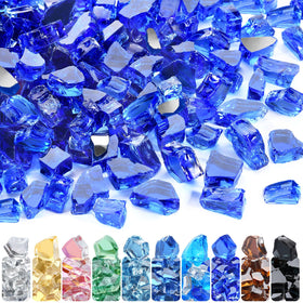 GasSaf cobalt blue reflective fire glass pieces illuminate outdoor pits with brilliant sparkle