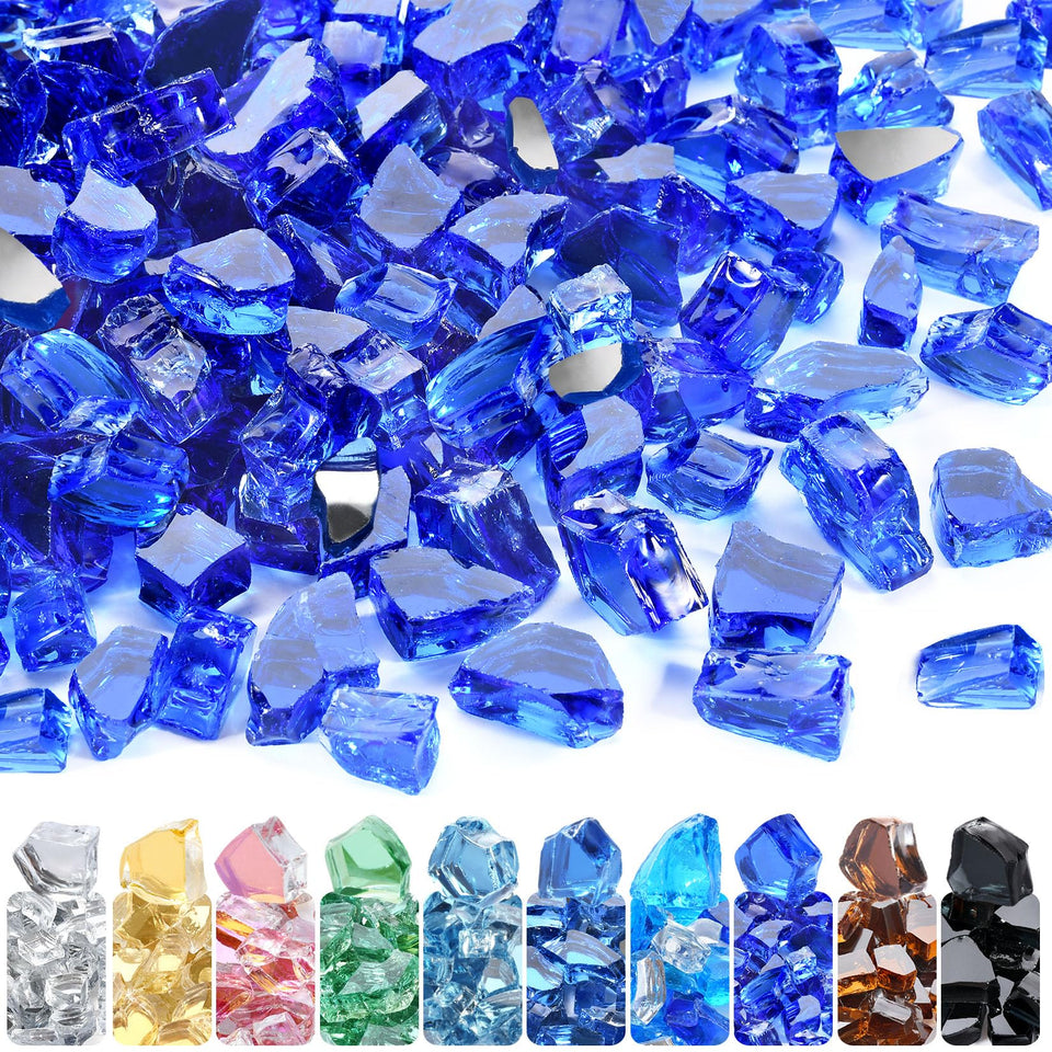 GasSaf cobalt blue reflective fire glass pieces illuminate outdoor pits with brilliant sparkle