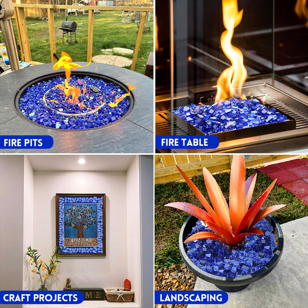 GasSaf indoor crystal cobalt blue glass enhances fireplaces with a jewel-like glow