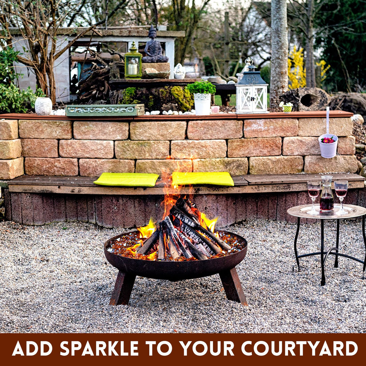 GasSaf garden amber fire glass adds shimmering accents.