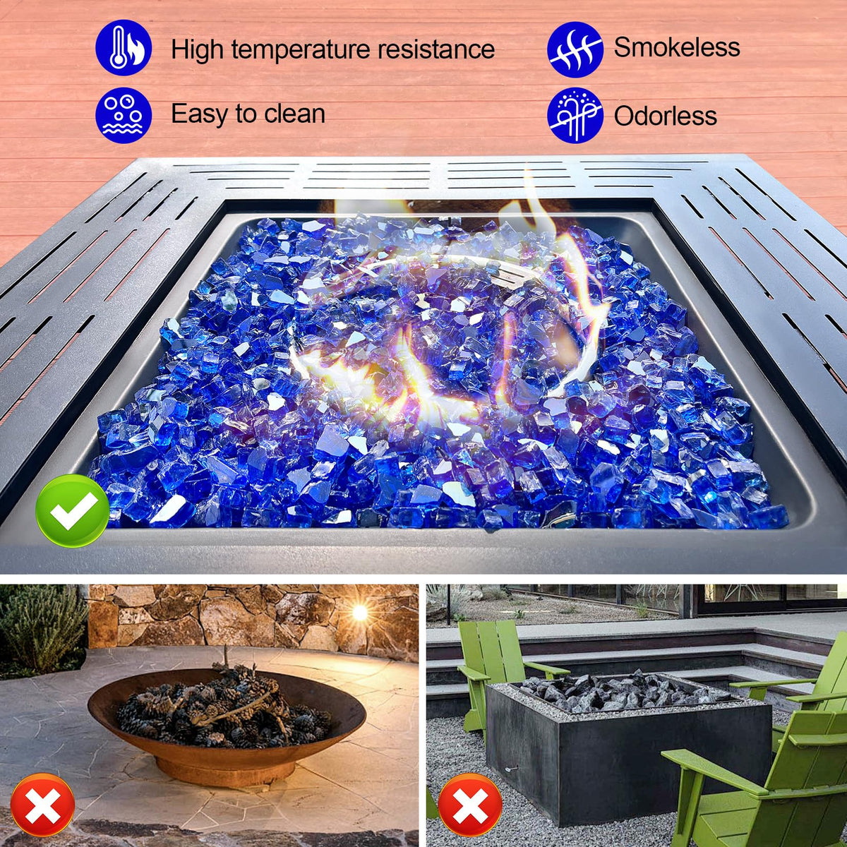 GasSaf outdoor fire bowl cobalt blue glass adds durable color and warm glow