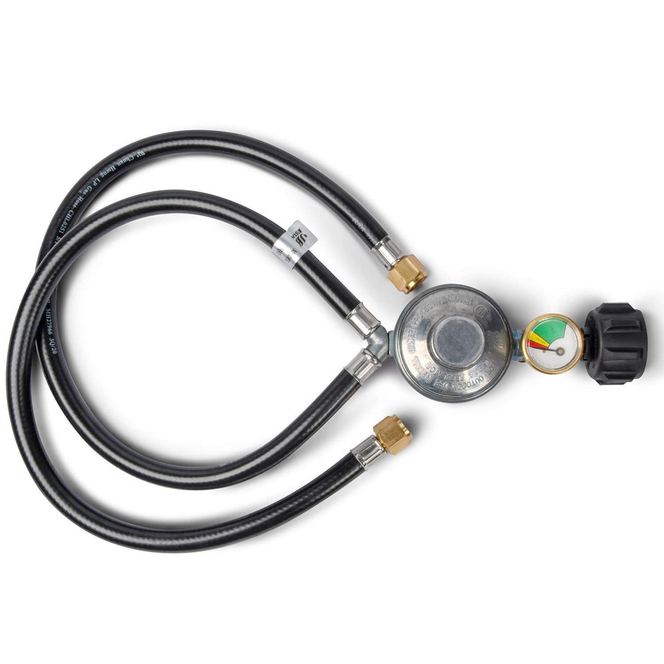 GasSaf two-hose Y-splitter propane regulator for dual appliances with reliable low-pressure control.