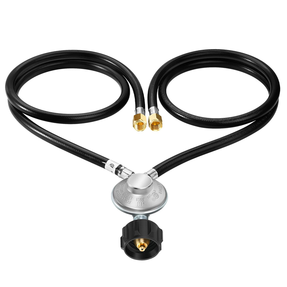 GasSaf Y-splitter with left 4 ft hose powering dual outdoor appliances