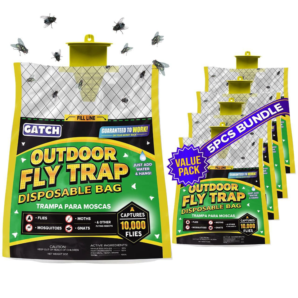 GATCH outdoor fly trap bag ready to hang to reduce pests.