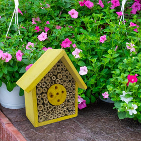 Gate 35 bee house hotel with varied tubes for different bee species in a sunny corner
