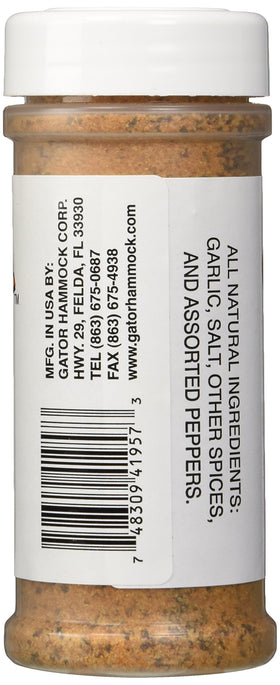 Gator Hammock Gator Sprinkle jar side view, enhances grilled flavor with garlic and peppers.