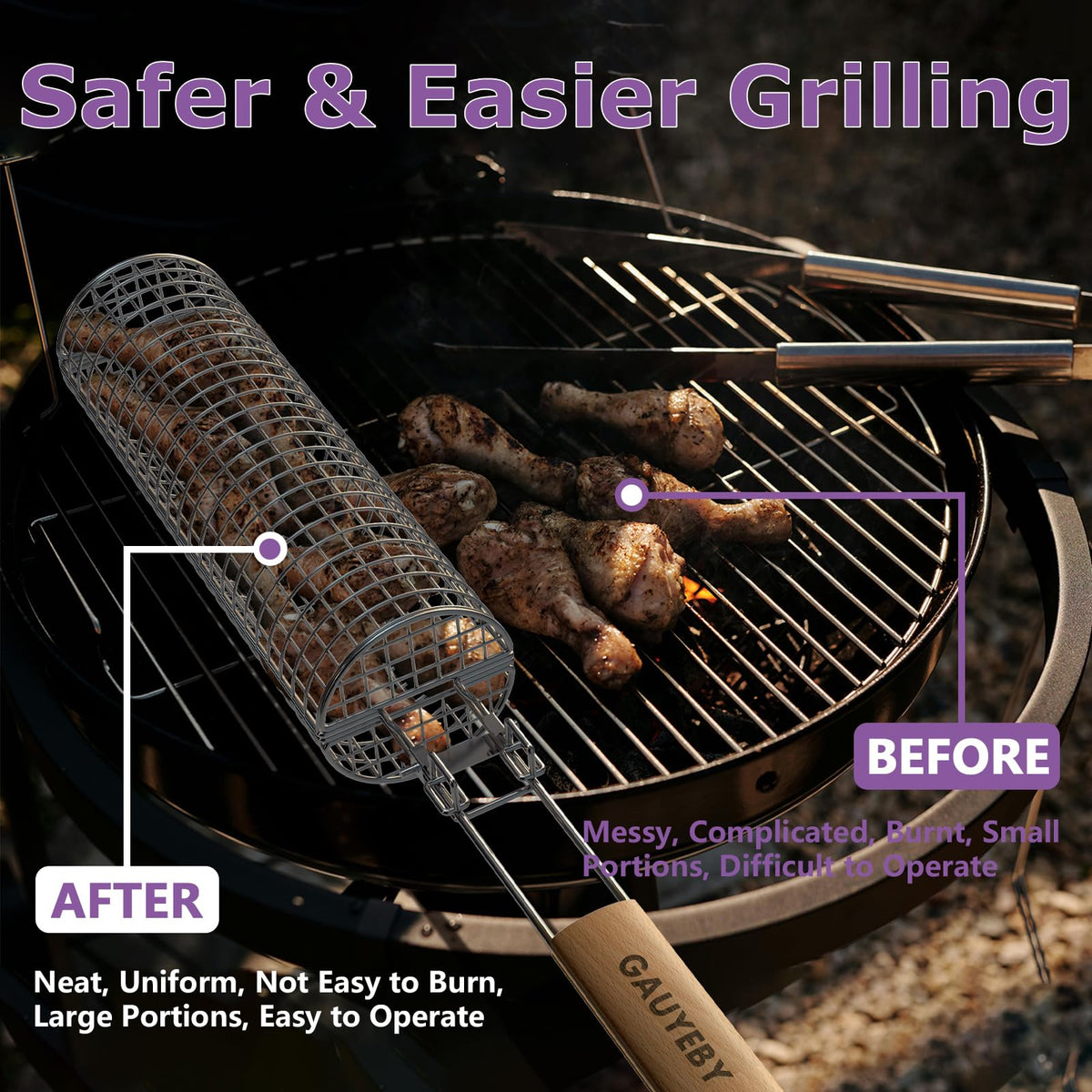 GAUYEBY grill basket with heat‑resistant beechwood handle for safe grilling