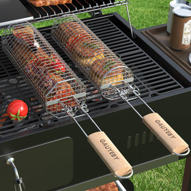 GAUYEBY rolling grill basket shows octagon and round shapes for versatile grilling