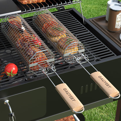 GAUYEBY rolling grill basket shows octagon and round shapes for versatile grilling