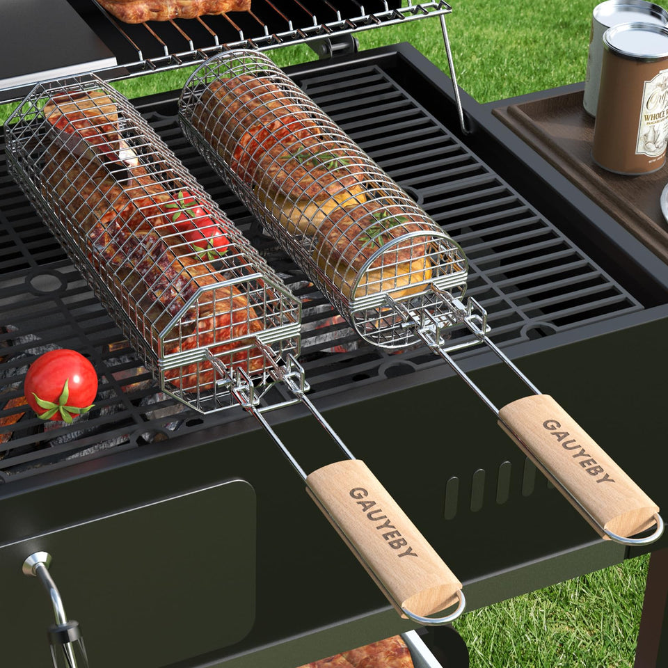 GAUYEBY rolling grill basket shows octagon and round shapes for versatile grilling
