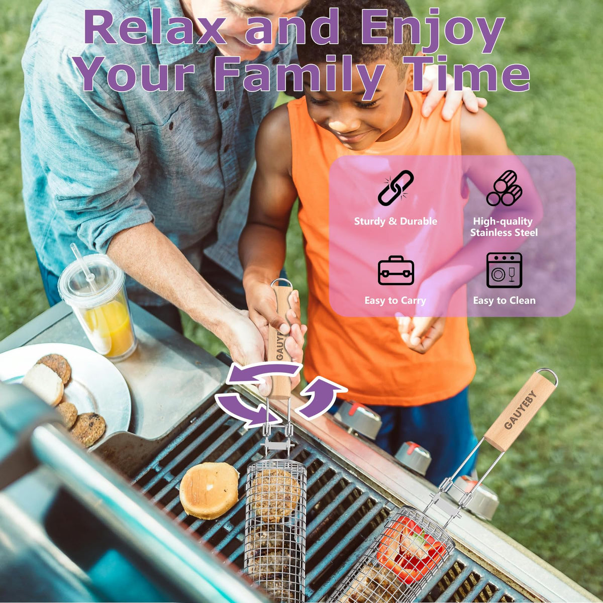 GAUYEBY grill basket with removable handle for easy flipping