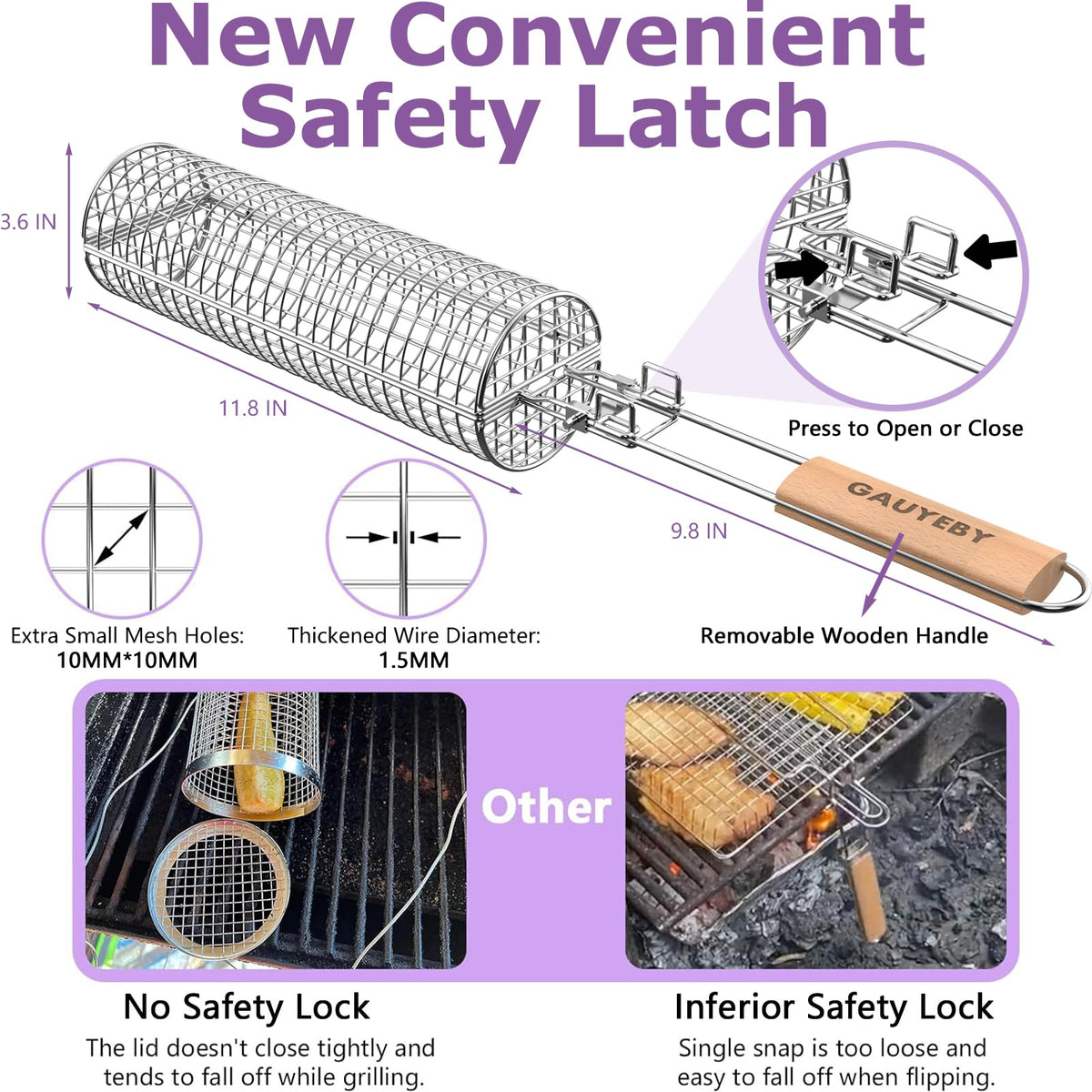 GAUYEBY grill basket safety latch keeps it securely closed