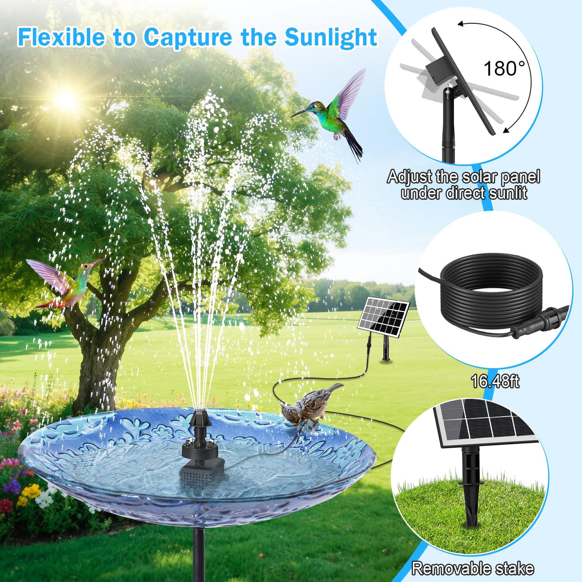 GAIZERL solar fountain pump nozzle patterns offering versatile water displays