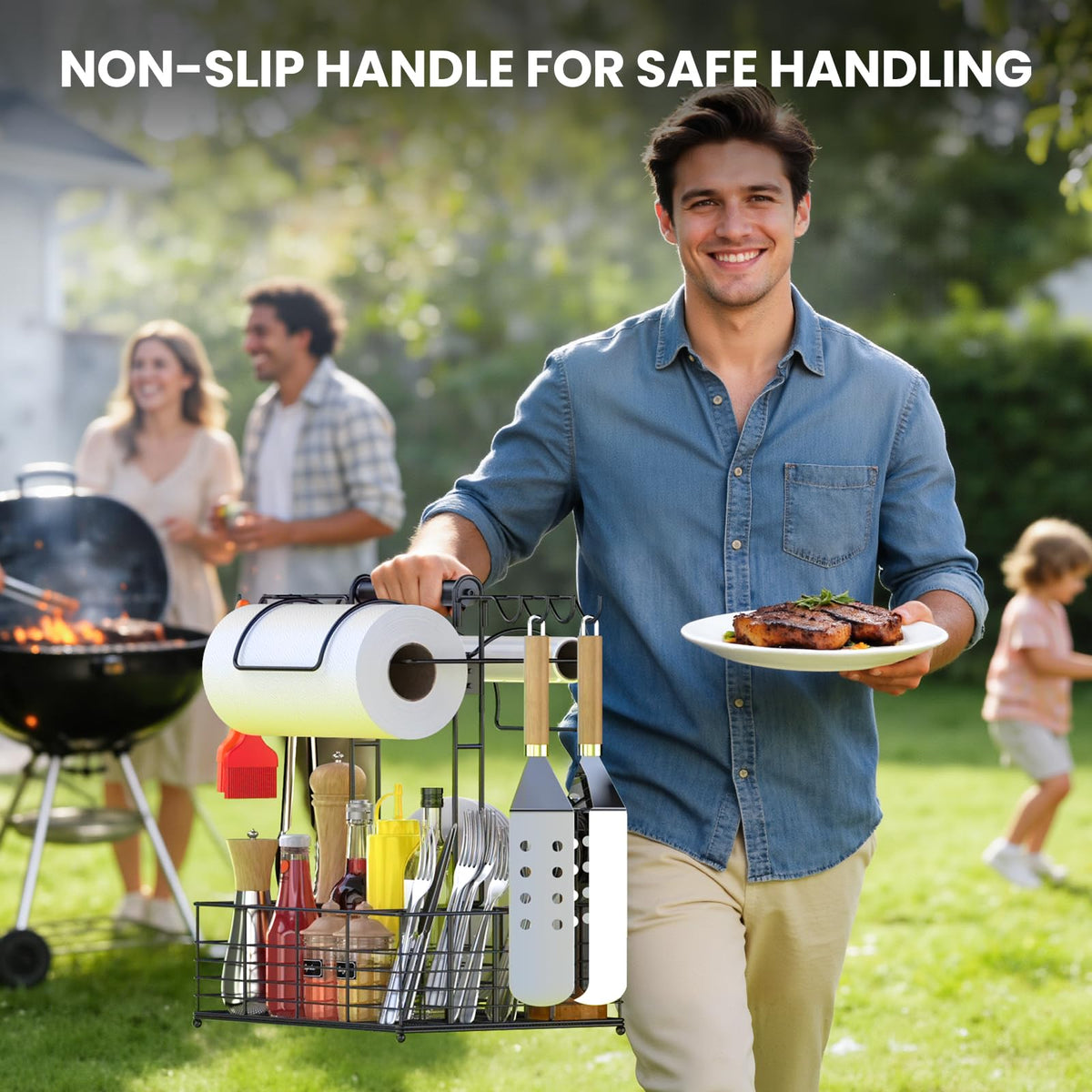 GBEER grill caddy with eight compartments for utensils and tools.