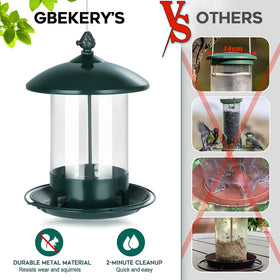 Gbekery feeder shows drainage holes to keep seeds dry after rain