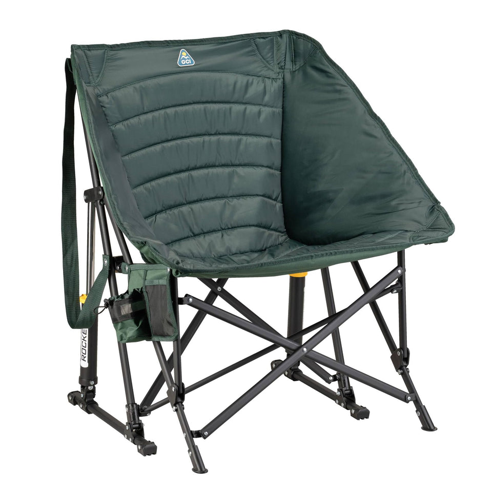 GCI Puff Rocker camping chair on uneven ground with smooth rocking