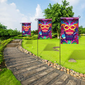 GCTWFYK double-sided print-ready flag hanging in a garden