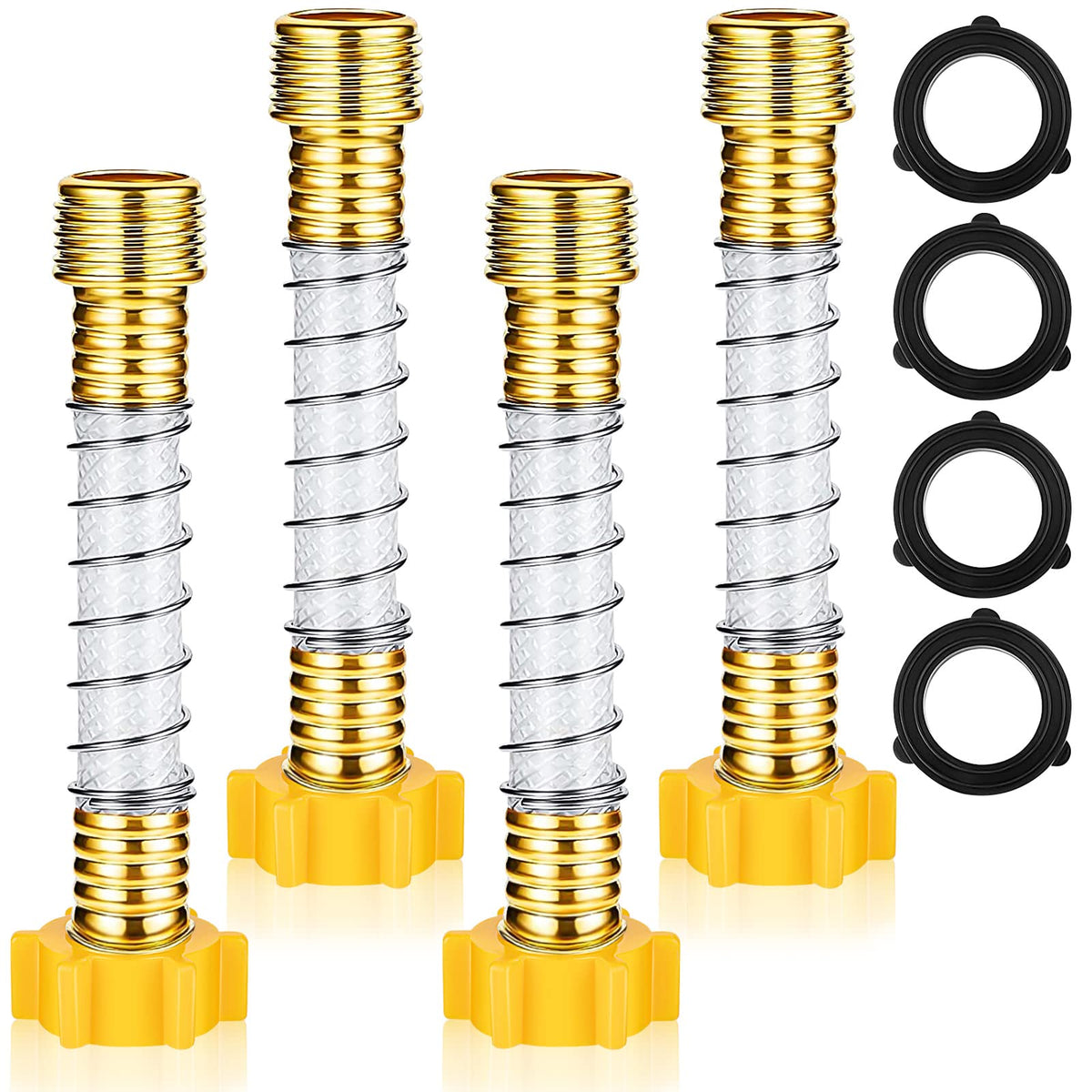 GCTWFYK garden hose protector with coil spring guards against kinks during watering.