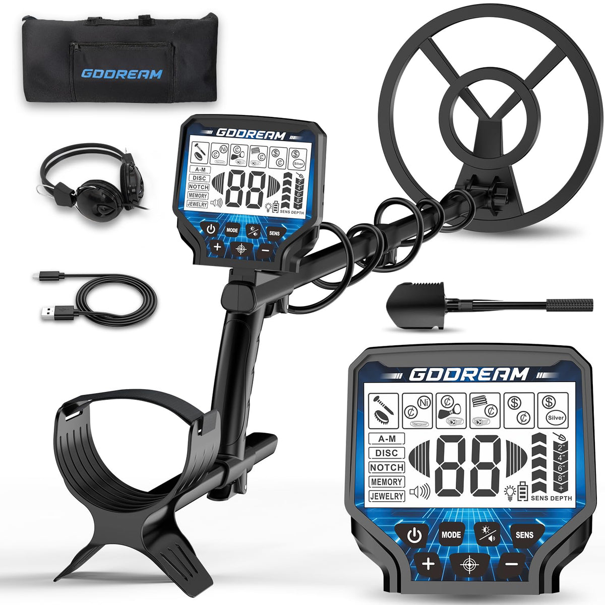 GDDREAM metal detector in use showing six modes for versatile treasure hunting