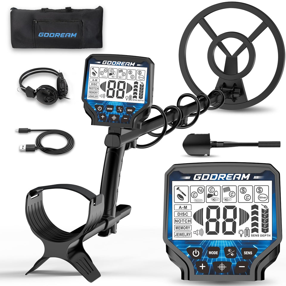 GDDREAM metal detector in use showing six modes for versatile treasure hunting