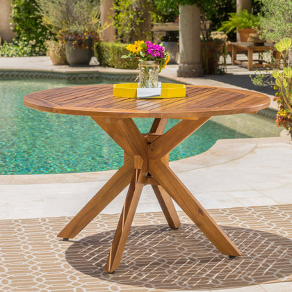GDFStudio Stamford round outdoor table with teak finish, top view for elegant al fresco dining.