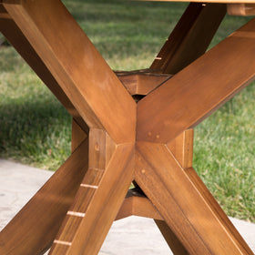 Stamford outdoor table in its assembly-ready packaging and setup.