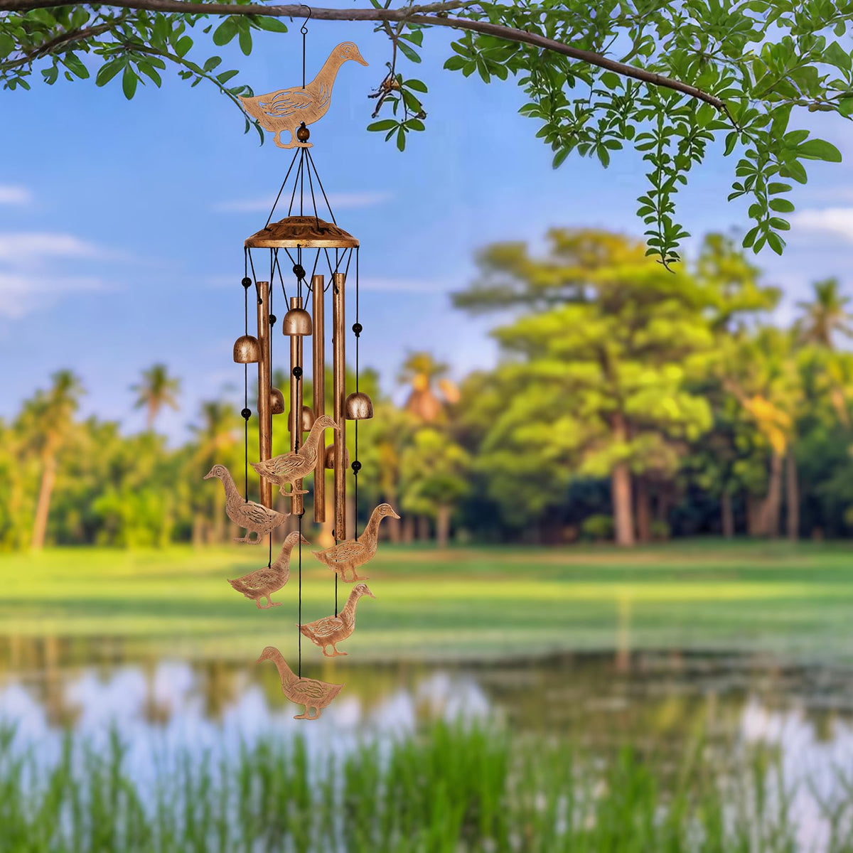 GDNSFIT duck wind chimes hung on a patio or yard eave.