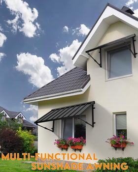 GDPFN black metal awning shelters a patio for outdoor seating.