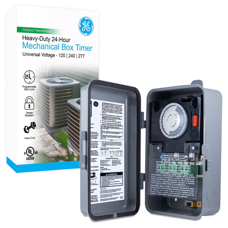 GE 24-hour mechanical timer dial enabling precise daily power control for outdoor equipment.