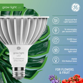 GE Grow PAR38 flood light shows red-blue spectrum for flowering and fruiting indoors