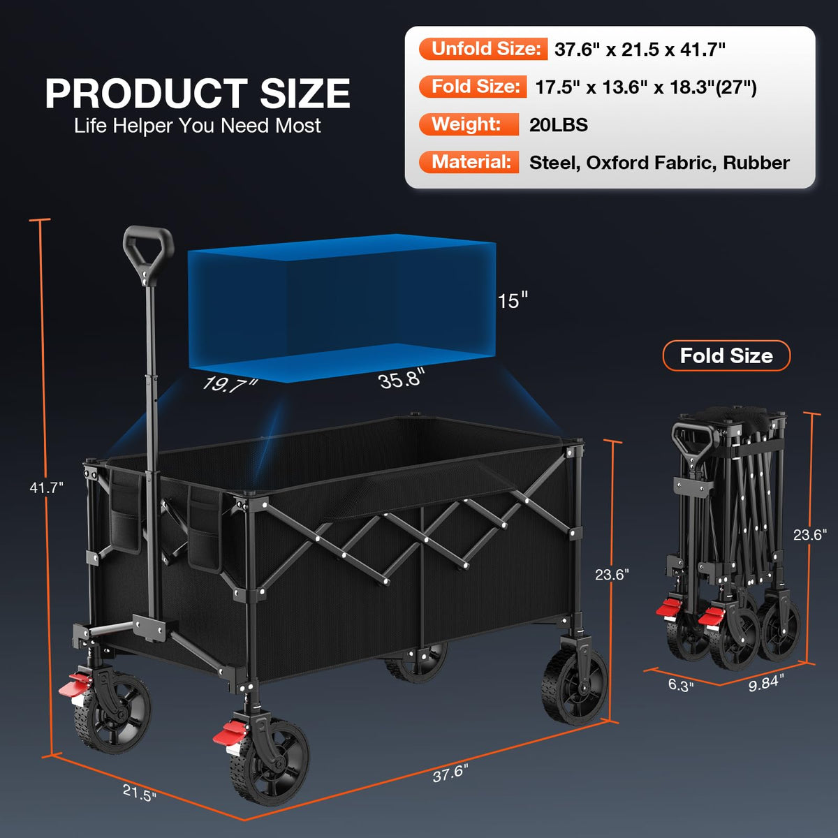 Geamen wagon with removable 600D canvas bag for easy cleaning and storage.