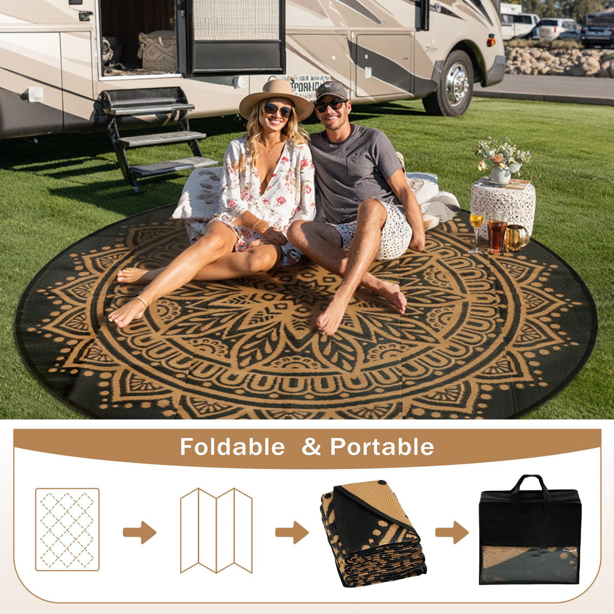 Geanlod foldable deck mat packs flat for travel and storage.