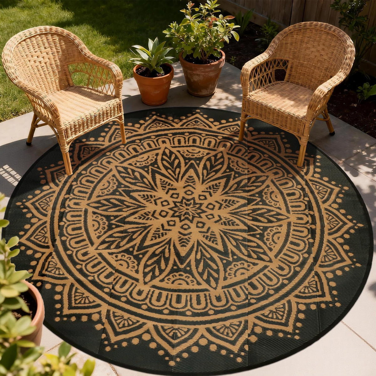 Geanlod outdoor rug 8ft round on patio adds durable, weather-ready style.