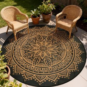 Geanlod outdoor rug 8ft round on patio adds durable, weather-ready style.