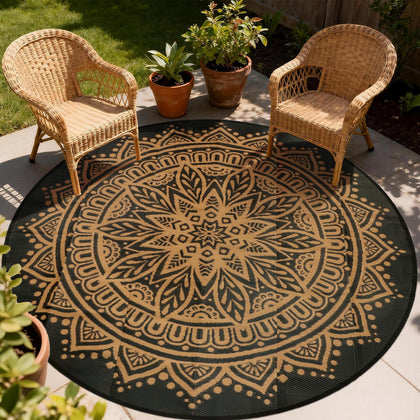 Geanlod outdoor rug 8ft round on patio adds durable, weather-ready style.