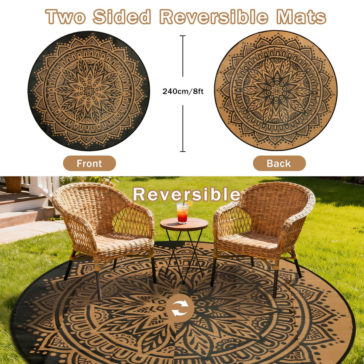 Geanlod reversible mats Boho design for versatile outdoor looks.