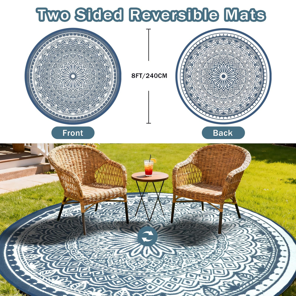 Geanlod boho reversible outdoor rug, two looks for balconies or porches.