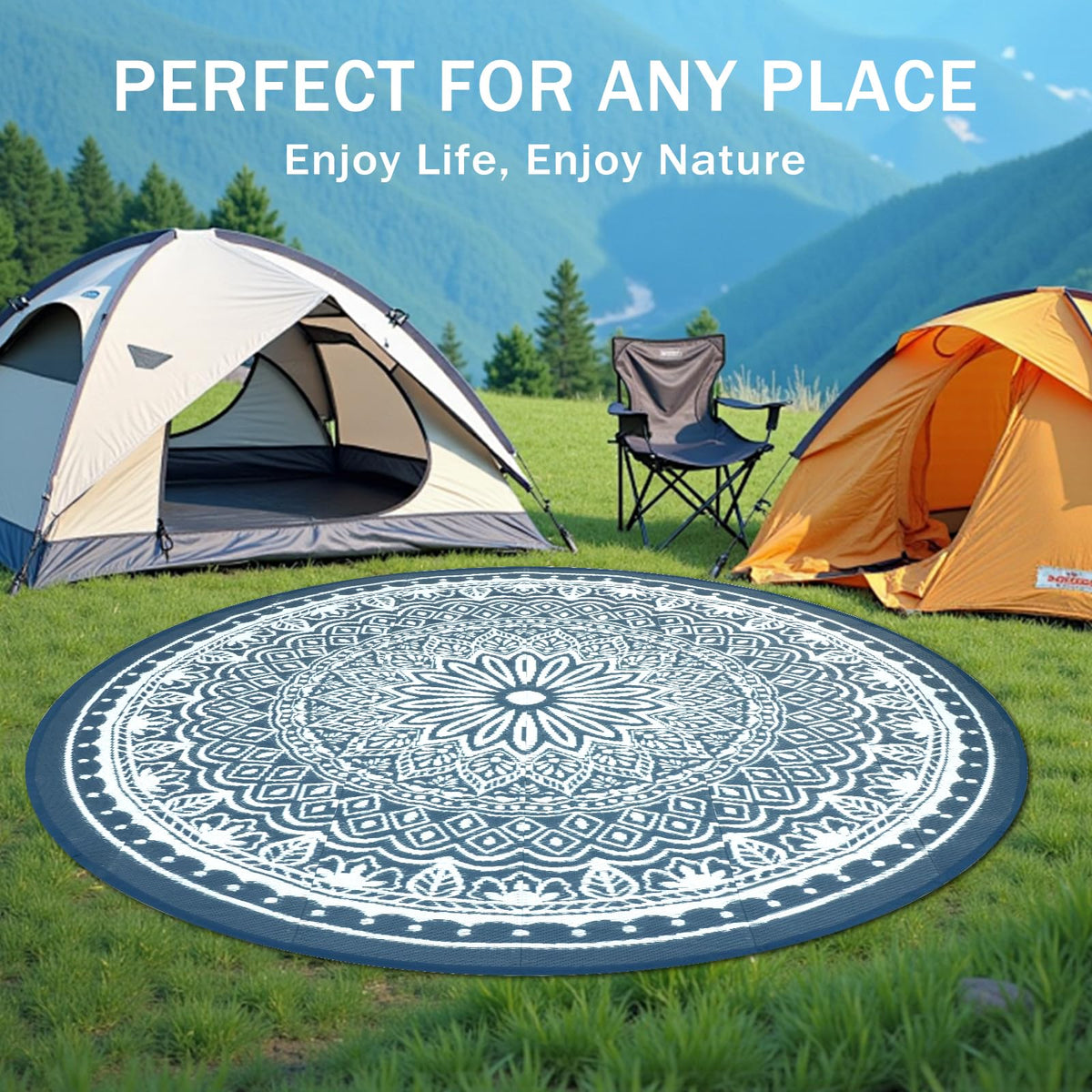 Geanlod round patio rug fit for deck, garden, or beach picnics.