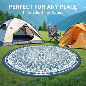 Geanlod round patio rug fit for deck, garden, or beach picnics.