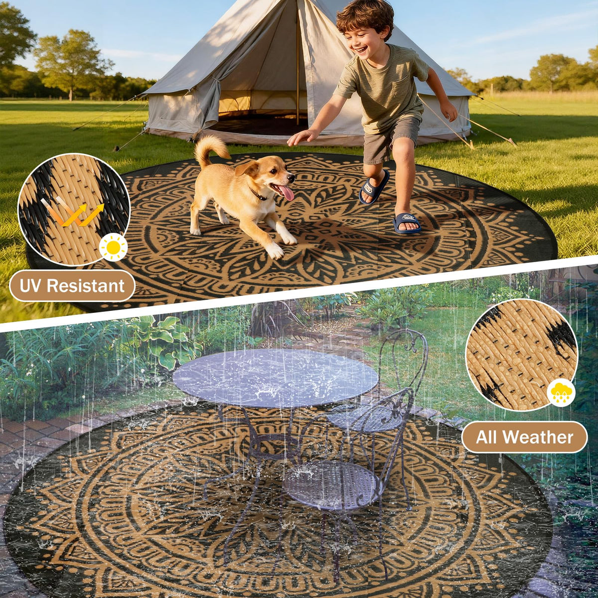 Geanlod round patio rug suited for balcony, lawn, and beach days.